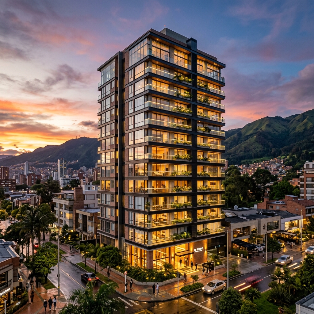 Edificio moderno de apartamentos en Bogota Colombia al atardecer